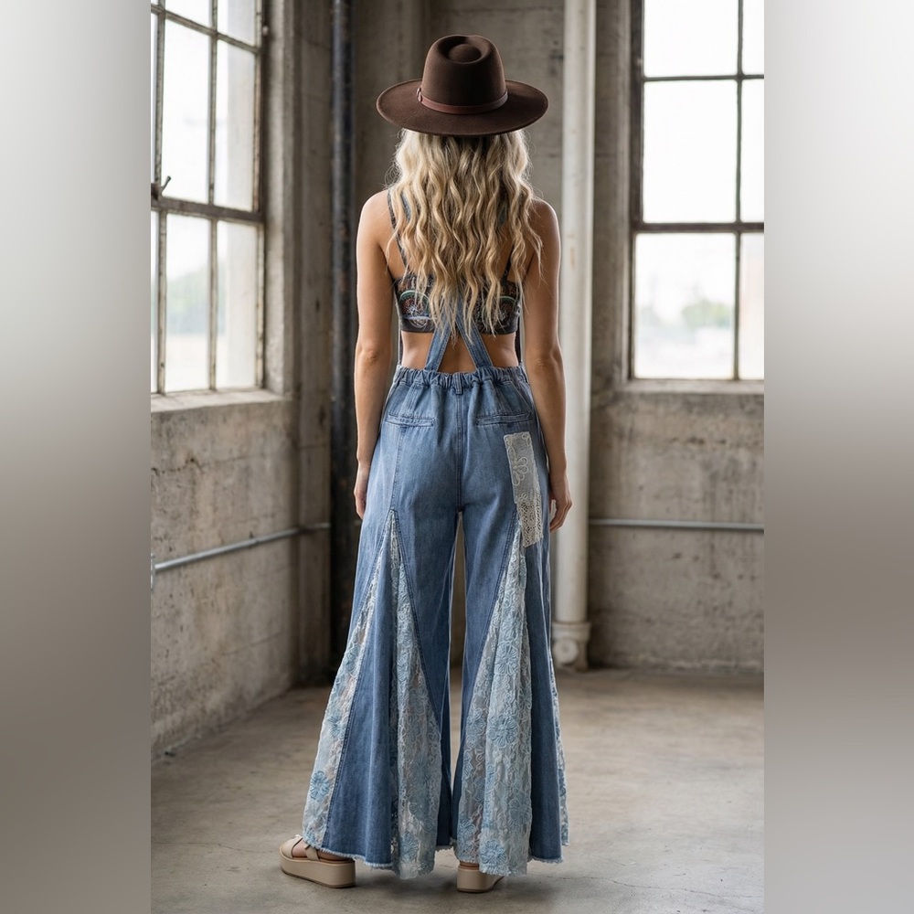 NWT Ultra Wide Leg Flare Lace Panel Patchwork Denim Jean Overalls Jumpsuit - Picture 4 of 7